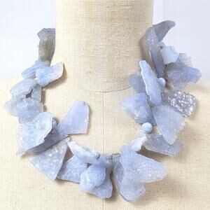 Blue Lace Agate Chunk Statement Necklace Raw Crystal Artisan 19”